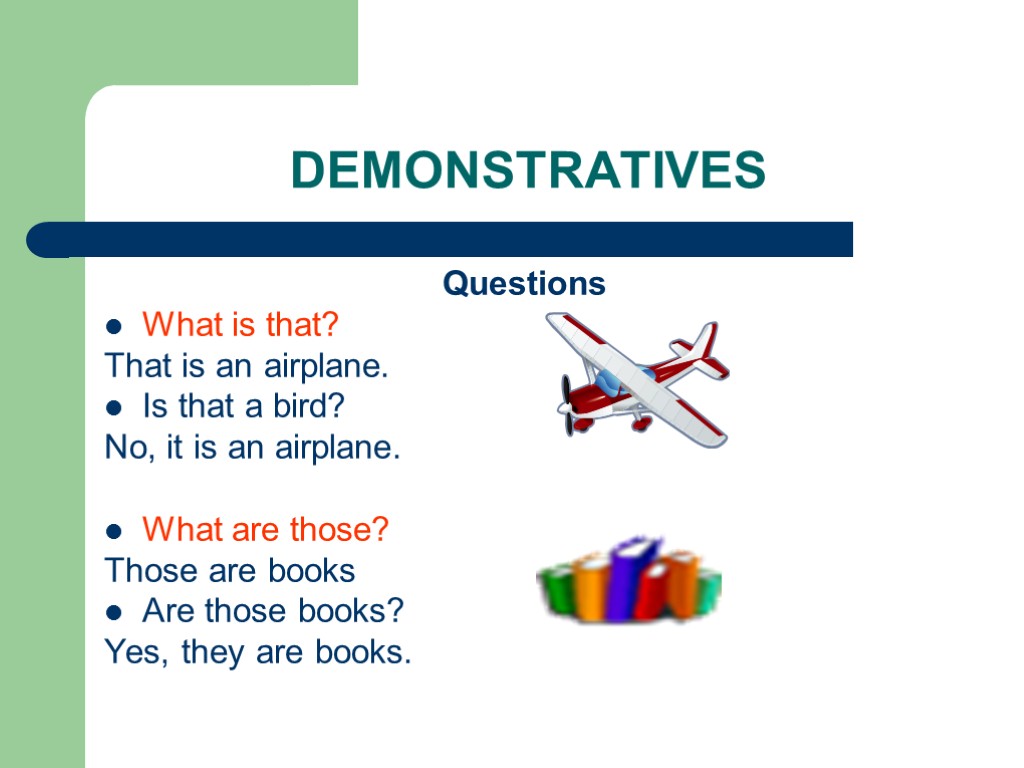 DEMONSTRATIVES Questions What is that? That is an airplane. Is that a bird? No,